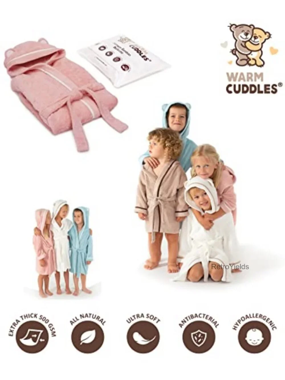 Kids Hooded Bathrobe 500 GSM Rayon from Bamboo Toddler Robe with Tie